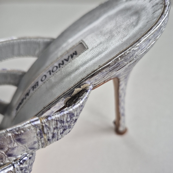Manolo Blahnik Shoes Silver Strappy Snakeskin Leather Slip On Size 40 (8.5) - Picture 10 of 15
